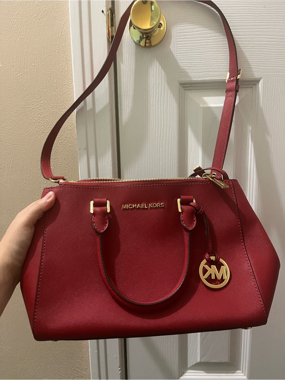 Michael Kors Red Saffiano Satchel with Gold Hardware